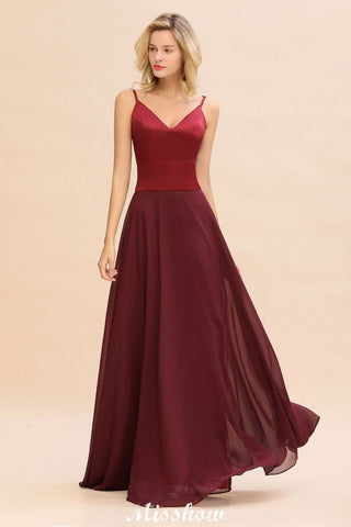 Vestido de noche de satén burdeos con espalda cruzada y largo hasta el suelo para dama de honor