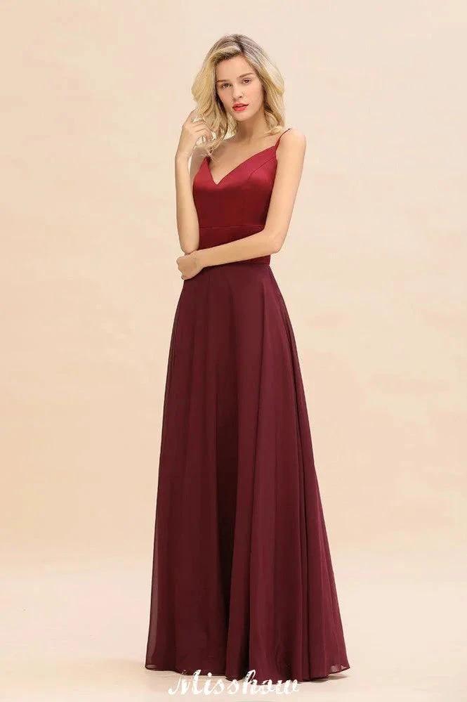 Cross Backless Floor Length Satin Evening Gowns Burgundy Bridesmaid Dress by misshow.com