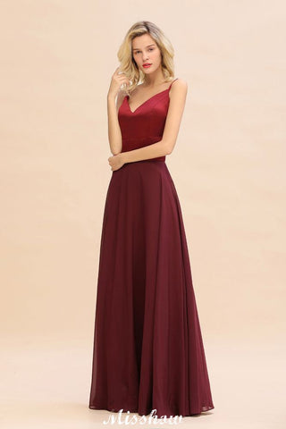 Vestido de noche de satén burdeos con espalda cruzada y largo hasta el suelo para dama de honor