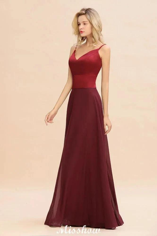 Cross Backless Floor Length Satin Evening Gowns Burgundy Bridesmaid Dress by misshow.com