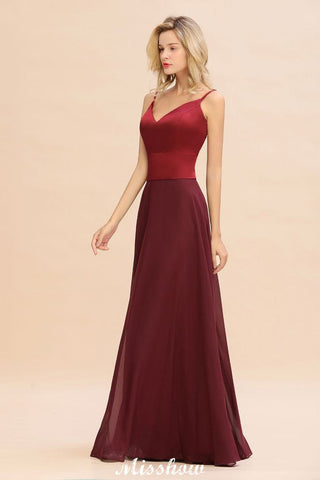 Vestido de noche de satén burdeos con espalda cruzada y largo hasta el suelo para dama de honor
