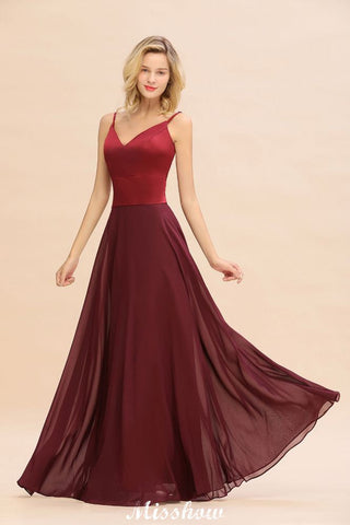 Vestido de noche de satén burdeos con espalda cruzada y largo hasta el suelo para dama de honor