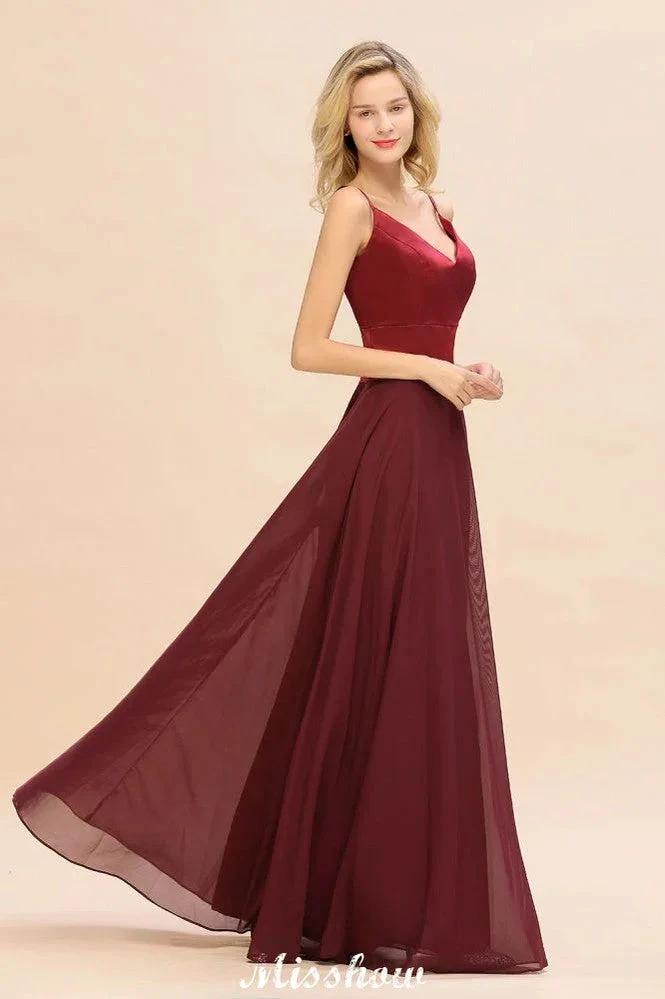 Cross Backless Floor Length Satin Evening Gowns Burgundy Bridesmaid Dress by misshow.com
