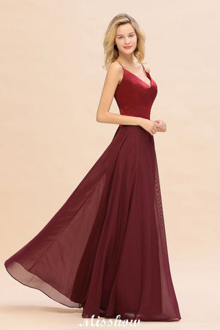 Vestido de noche de satén burdeos con espalda cruzada y largo hasta el suelo para dama de honor