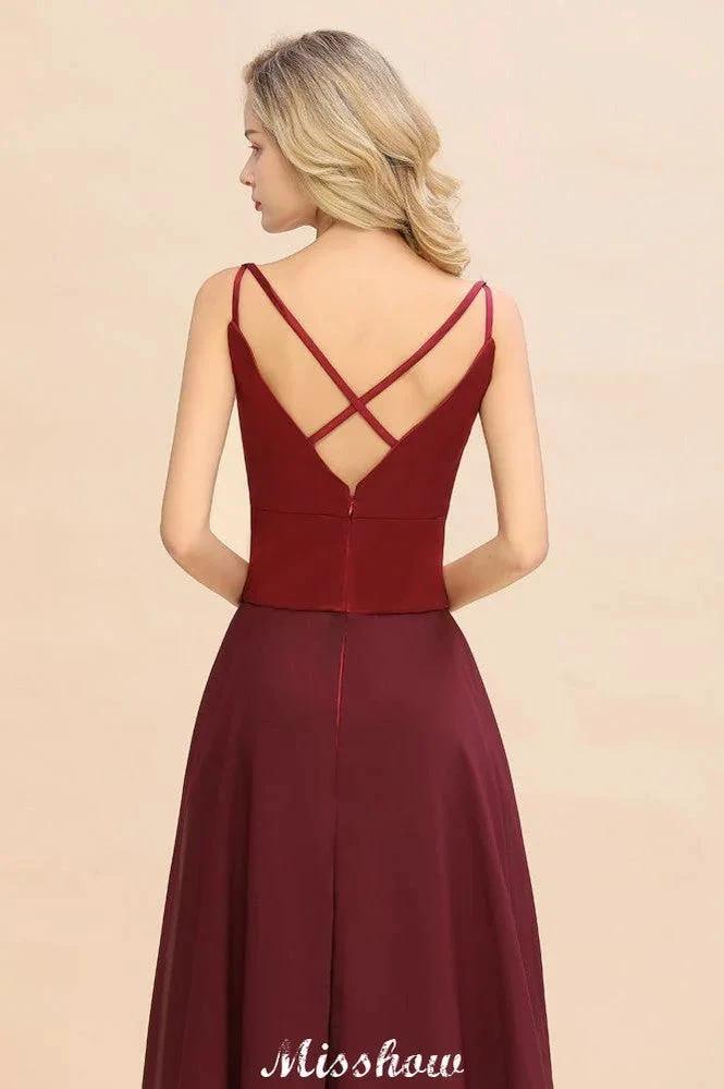 Cross Backless Floor Length Satin Evening Gowns Burgundy Bridesmaid Dress by misshow.com