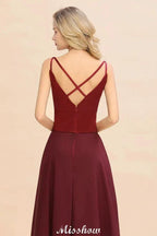 Cross Backless Floor Length Satin Evening Gowns Burgundy Bridesmaid Dress by misshow.com