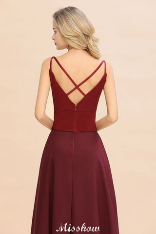 Vestido de noche de satén burdeos con espalda cruzada y largo hasta el suelo para dama de honor