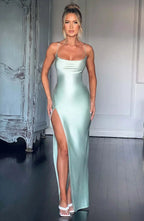 Satin Maxi Dress Cross Over Straps with A Self Tie Fastening SYP178 by vivymakudress