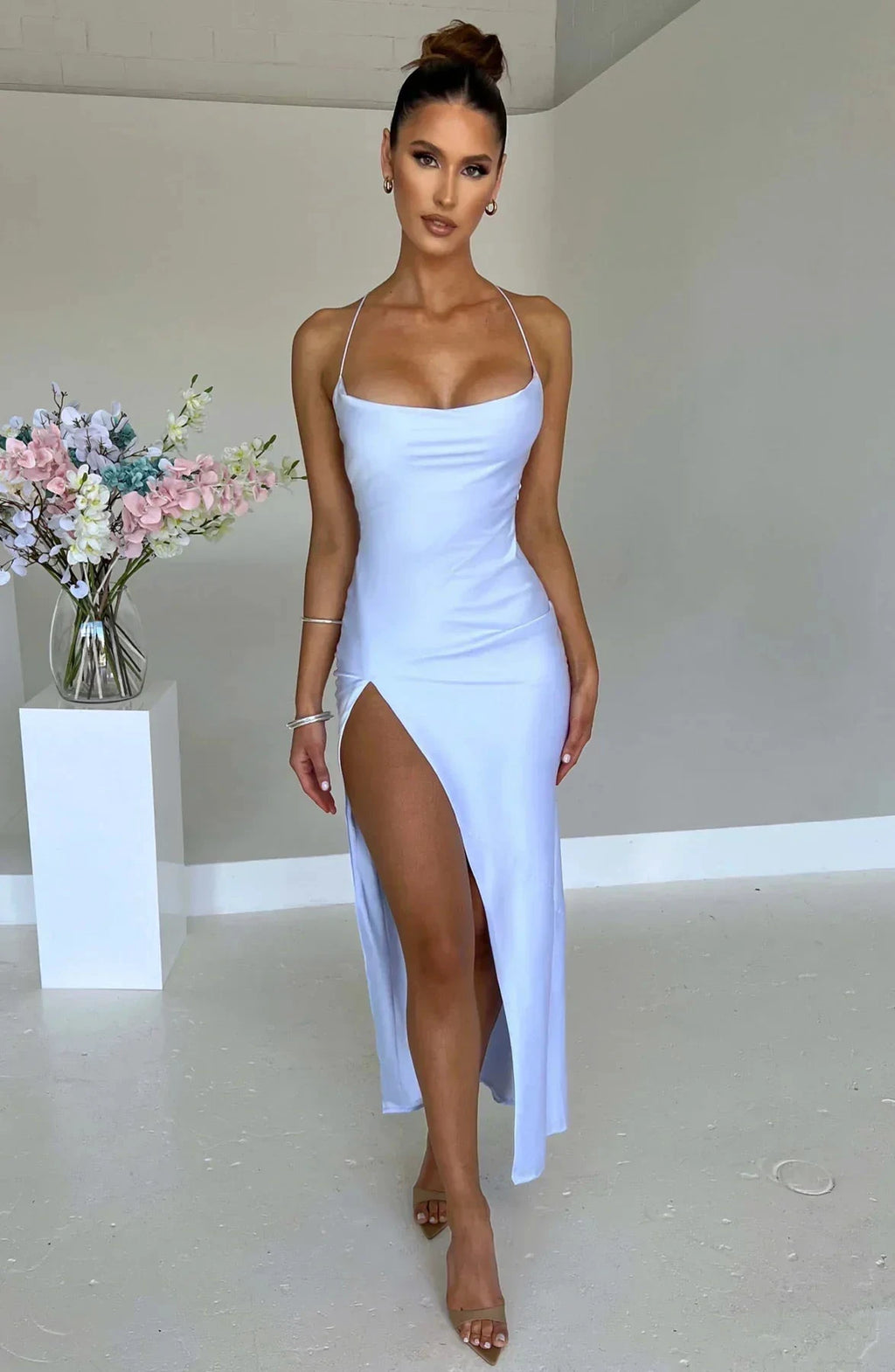 Satin Maxi Dress Cross Over Straps with A Self Tie Fastening SYP178 by vivymakudress