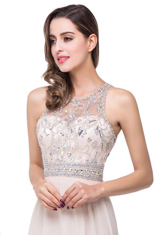 Vestido de fiesta de gasa con cristales y joya en forma de A