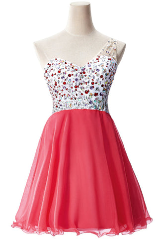 A-Linien-Partykleid mit One-Shoulder-Träger aus Chiffon mit Kristallen