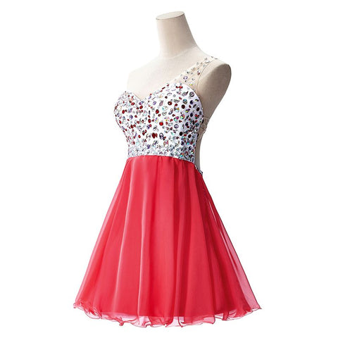 A-Linien-Partykleid mit One-Shoulder-Träger aus Chiffon mit Kristallen