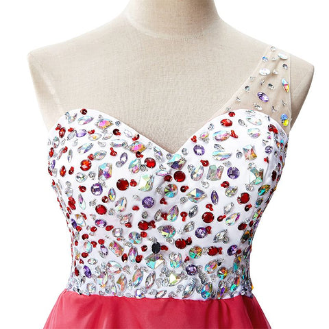A-Linien-Partykleid mit One-Shoulder-Träger aus Chiffon mit Kristallen