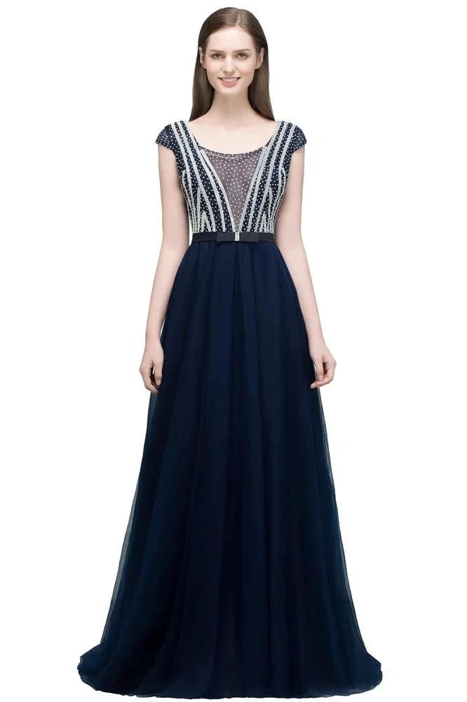 Crystal Beading Tulle A-line Floor Length Cap Sleeves Prom Dresses with Sash by misshow.com