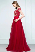 Crystal Beading Tulle A-line Floor Length Cap Sleeves Prom Dresses with Sash by misshow.com
