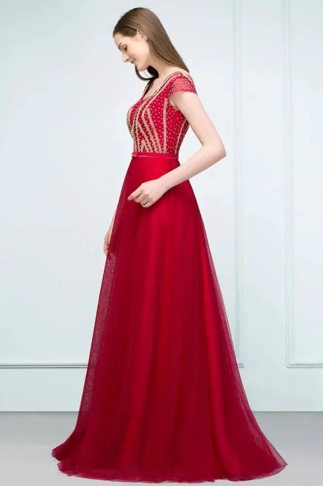 Crystal Beading Tulle A-line Floor Length Cap Sleeves Prom Dresses with Sash by misshow.com