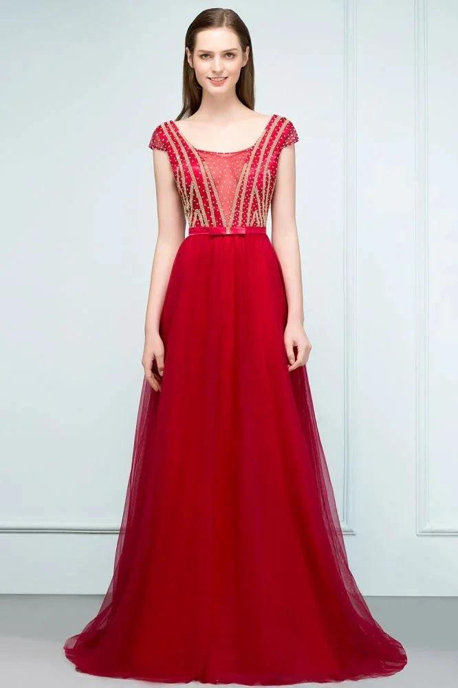 Crystal Beading Tulle A-line Floor Length Cap Sleeves Prom Dresses with Sash by misshow.com