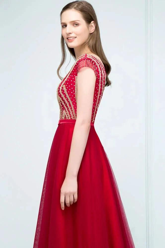 Crystal Beading Tulle A-line Floor Length Cap Sleeves Prom Dresses with Sash by misshow.com