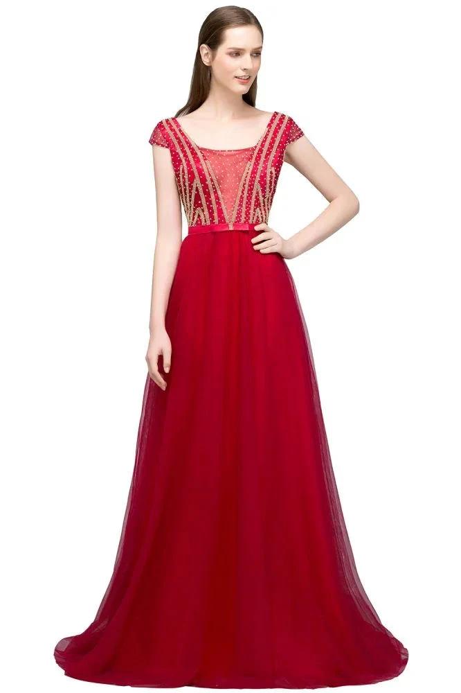 Crystal Beading Tulle A-line Floor Length Cap Sleeves Prom Dresses with Sash by misshow.com