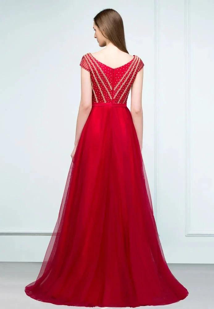 Crystal Beading Tulle A-line Floor Length Cap Sleeves Prom Dresses with Sash by misshow.com