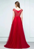 Crystal Beading Tulle A-line Floor Length Cap Sleeves Prom Dresses with Sash by misshow.com