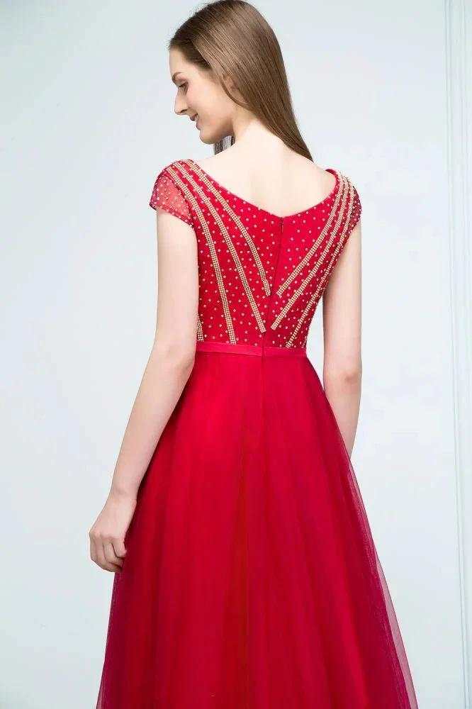 Crystal Beading Tulle A-line Floor Length Cap Sleeves Prom Dresses with Sash by misshow.com