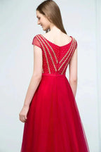 Crystal Beading Tulle A-line Floor Length Cap Sleeves Prom Dresses with Sash by misshow.com