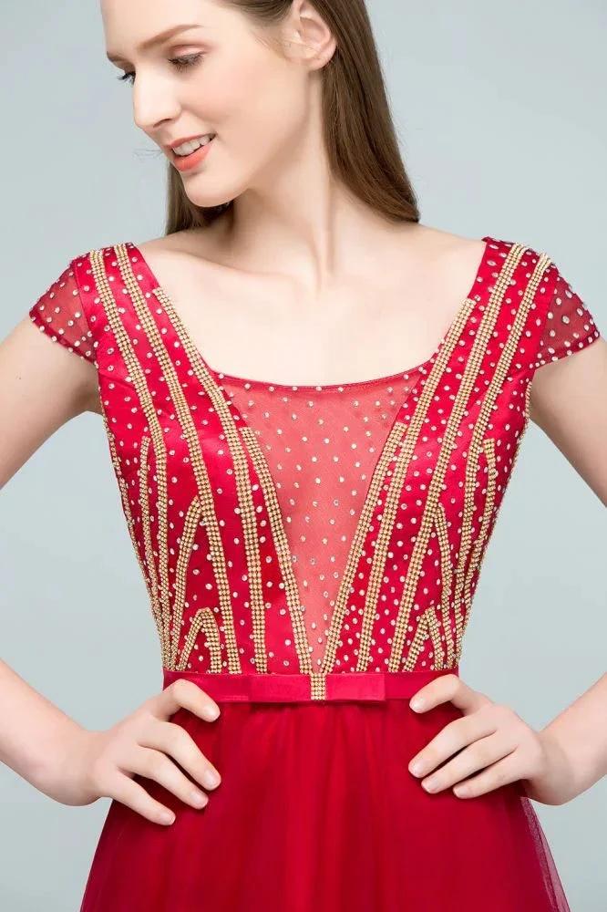Crystal Beading Tulle A-line Floor Length Cap Sleeves Prom Dresses with Sash by misshow.com