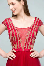 Crystal Beading Tulle A-line Floor Length Cap Sleeves Prom Dresses with Sash by misshow.com