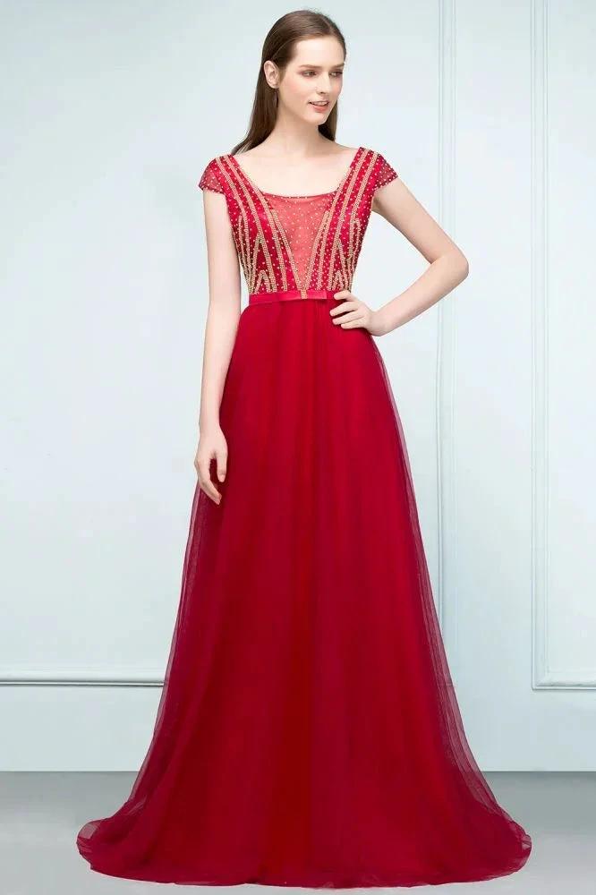 Crystal Beading Tulle A-line Floor Length Cap Sleeves Prom Dresses with Sash by misshow.com