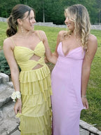 Curitis | Spaghetti Straps Yellow Keyhole Tiered Ruffle Long Formal Dress by KissProm