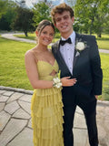 Curitis | Spaghetti Straps Yellow Keyhole Tiered Ruffle Long Formal Dress by KissProm