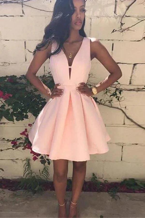 Custom Made V Neck Pink Short Prom Dress Pink V Neck Homecoming Dress PD158 by pgmdress