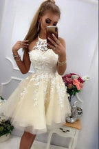 Cute A-line Halter Tulle Lace Short Prom Dresses for Teens by BIZTUNNEL