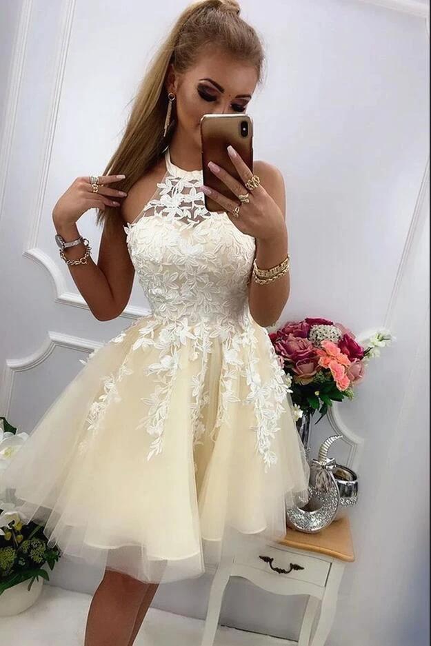 Cute A-line Halter Tulle Lace Short Prom Dresses for Teens by BIZTUNNEL
