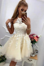 Cute A-line Halter Tulle Lace Short Prom Dresses for Teens by BIZTUNNEL