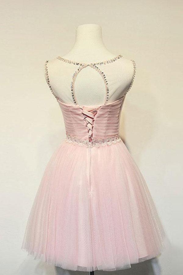 Cute A-line Round Neck Pink Tulle Short Prom Dress Homecoming Dresses  PD131 Main Image