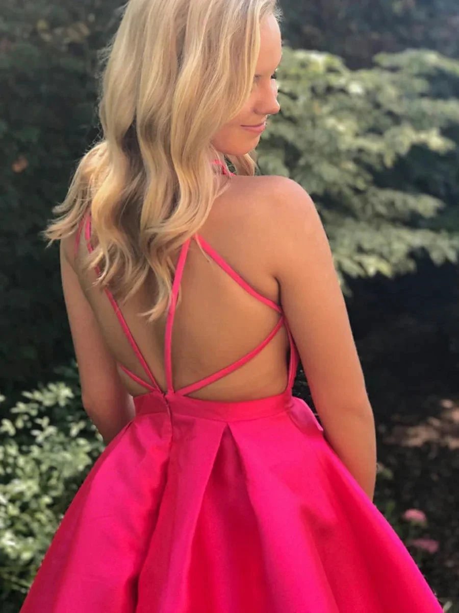 Cute A-line V Neck Open Back Fuchsia Short Prom Homecoming Dresses by BIZTUNNEL