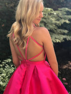 Cute A-line V Neck Open Back Fuchsia Short Prom Homecoming Dresses by BIZTUNNEL