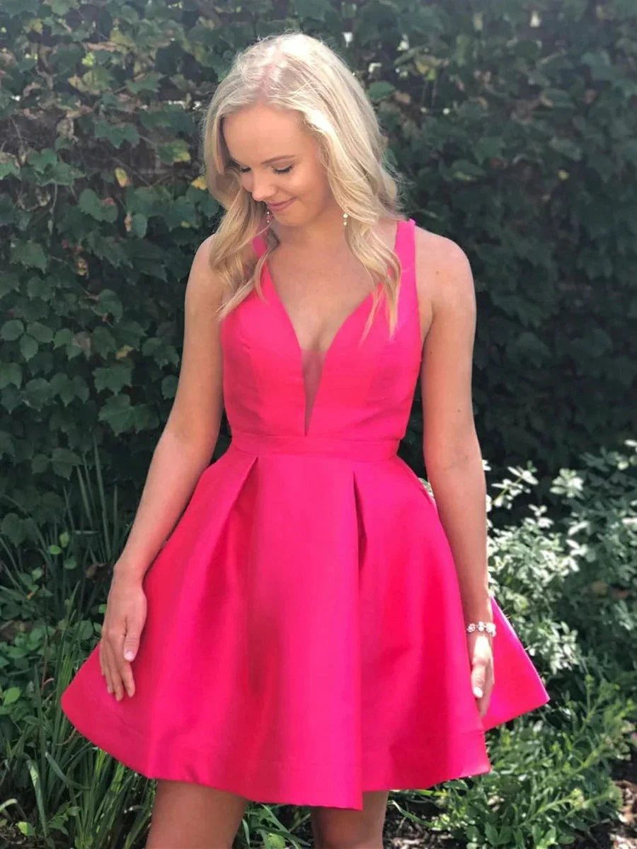 Cute A-line V Neck Open Back Fuchsia Short Prom Homecoming Dresses by BIZTUNNEL