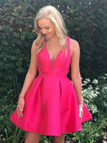 Cute A-line V Neck Open Back Fuchsia Short Prom Homecoming Dresses by BIZTUNNEL