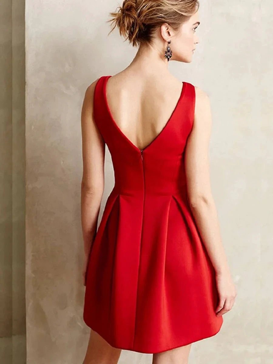 Cute A-line V Neck Sleeveless Red Short Prom Homecoming Dresses by BIZTUNNEL