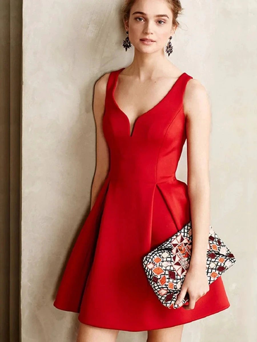 Cute A-line V Neck Sleeveless Red Short Prom Homecoming Dresses by BIZTUNNEL