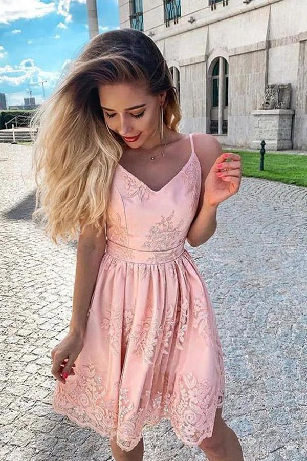 Cute A Line V Neck Spaghetti Straps Blush Pink Lace Homecoming Dresses PD425 by pgmdress