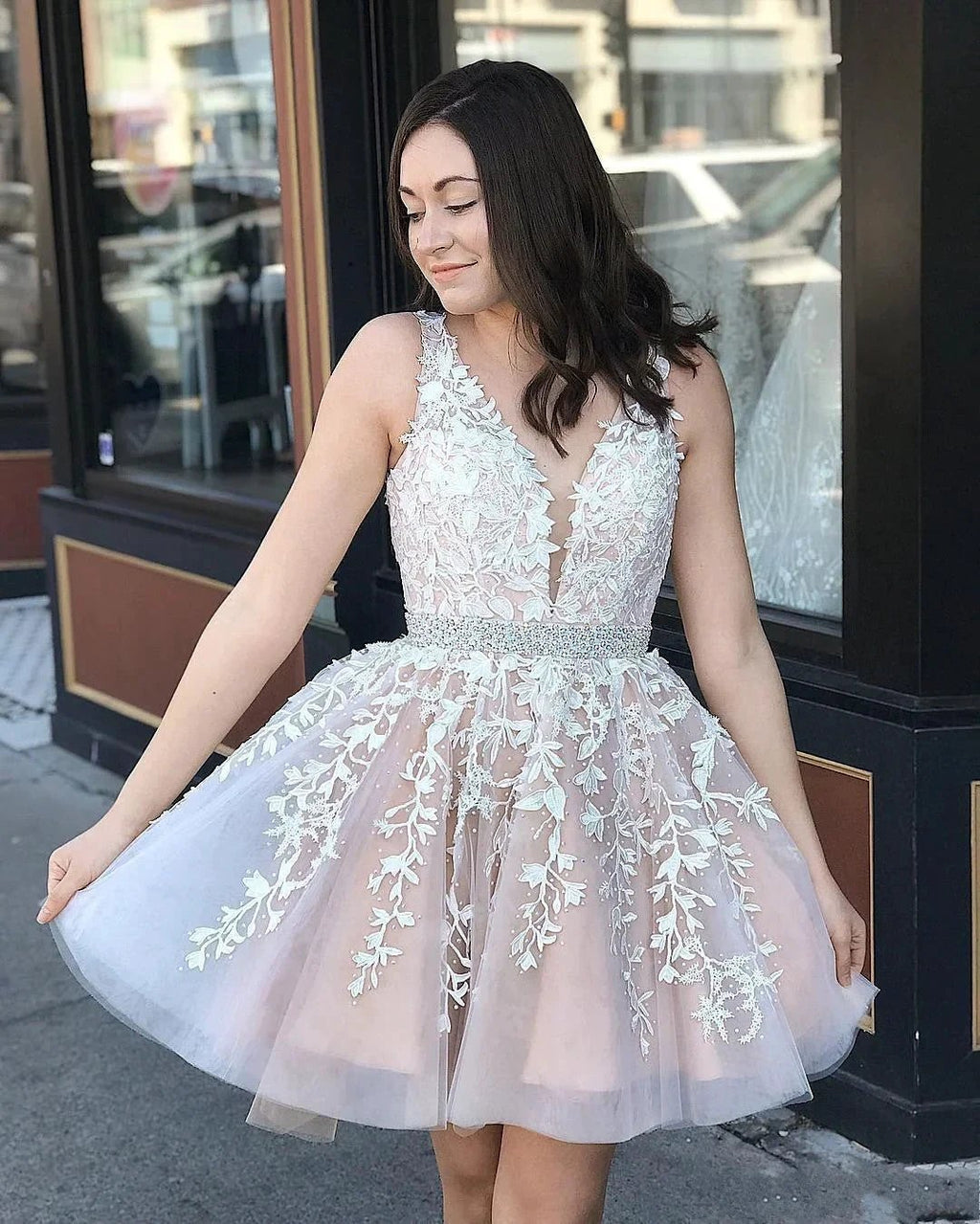 Cute A-line V-neck Tulle Floral Lace Backless Short Prom Dresses by BIZTUNNEL