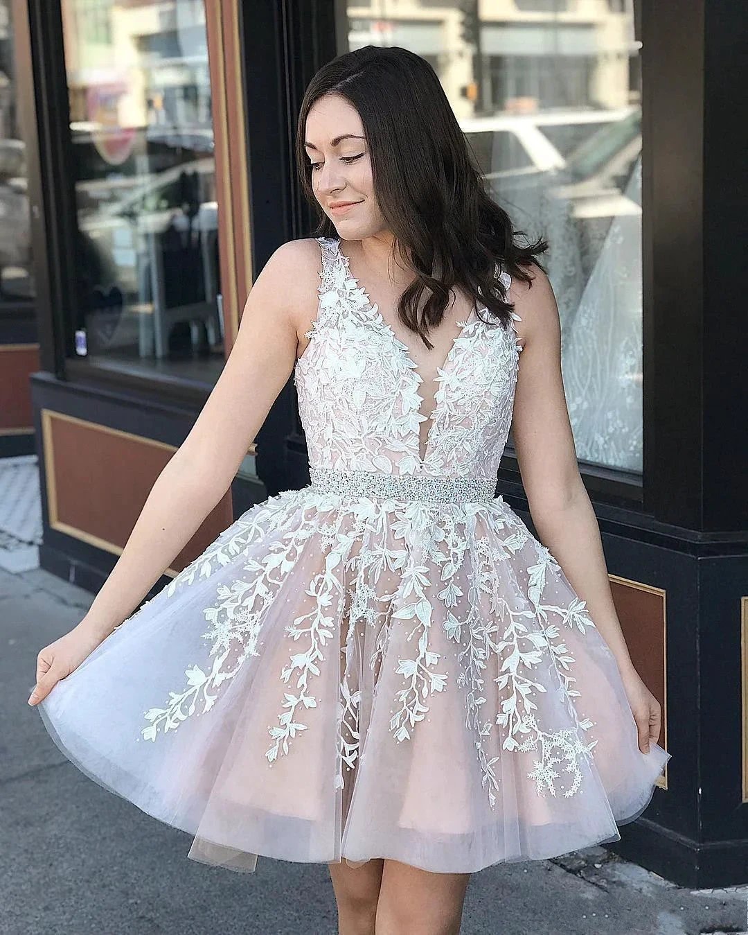 Cute A-line V-neck Tulle Floral Lace Backless Short Prom Dresses by BIZTUNNEL