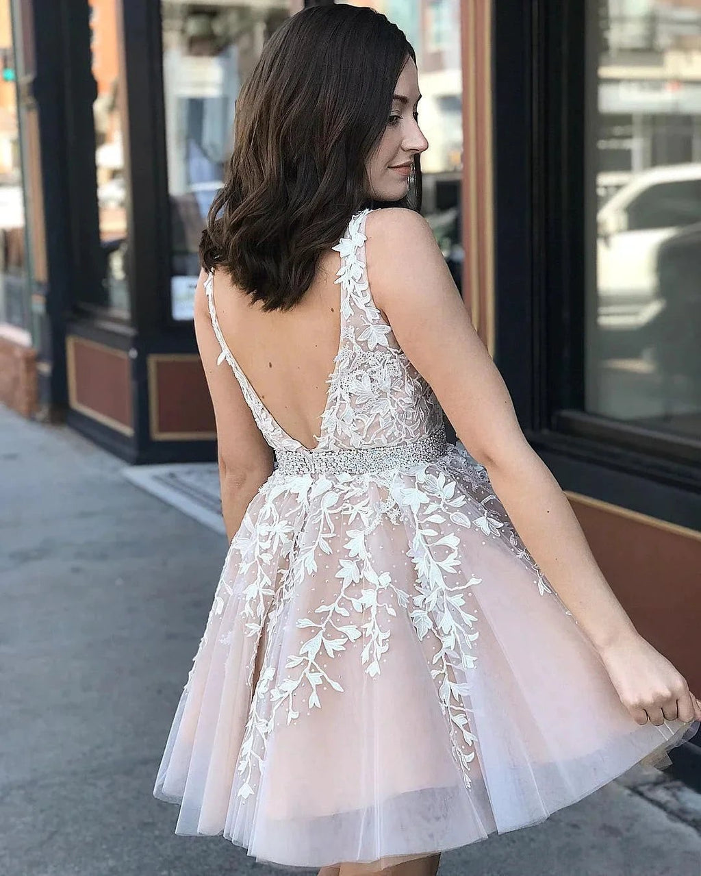Cute A-line V-neck Tulle Floral Lace Backless Short Prom Dresses by BIZTUNNEL