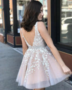 Cute A-line V-neck Tulle Floral Lace Backless Short Prom Dresses by BIZTUNNEL