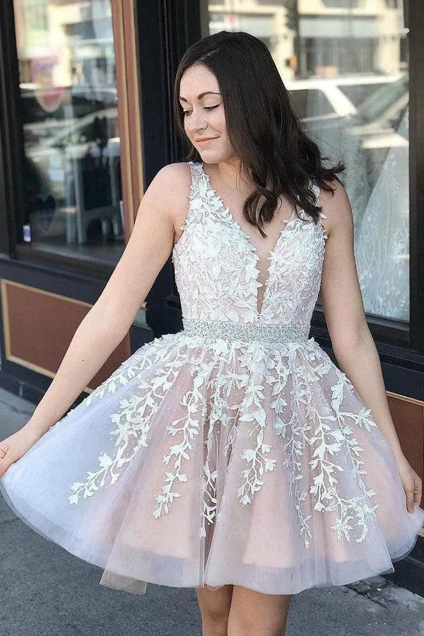 Cute A-line V-neck Tulle Floral Lace Backless Short Prom Dresses by BIZTUNNEL