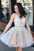 Cute A-line V-neck Tulle Floral Lace Backless Short Prom Dresses by BIZTUNNEL
